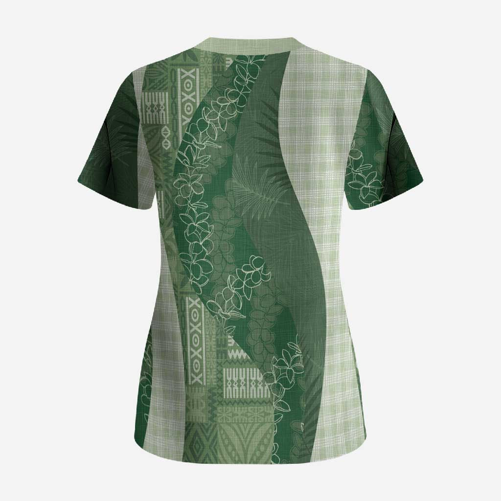 Polynesian Tribal Pattern Patchwork Picturesque Scrub Top Sage Green