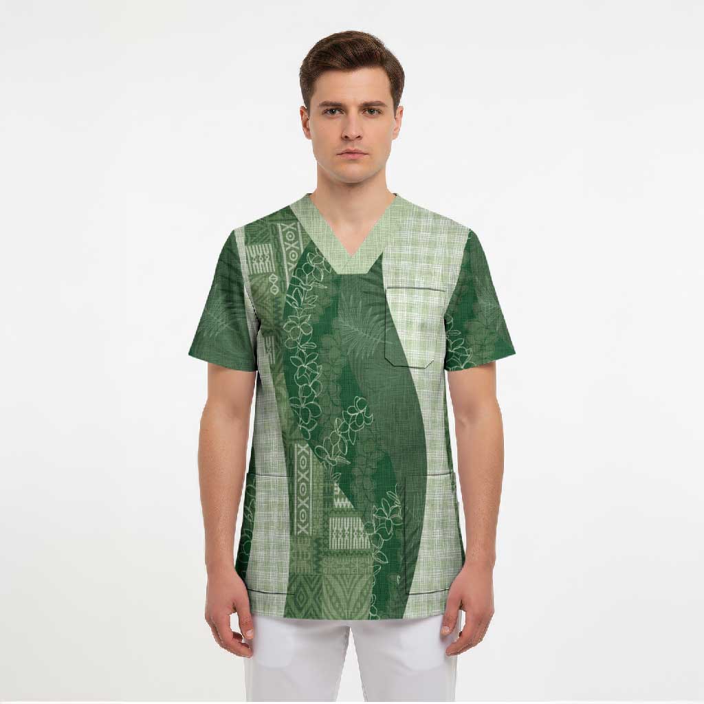 Polynesian Tribal Pattern Patchwork Picturesque Scrub Top Sage Green