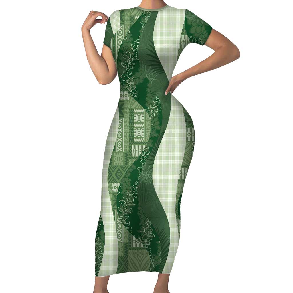 Polynesian Tribal Pattern Patchwork Picturesque Short Sleeve Bodycon Dress Sage Green
