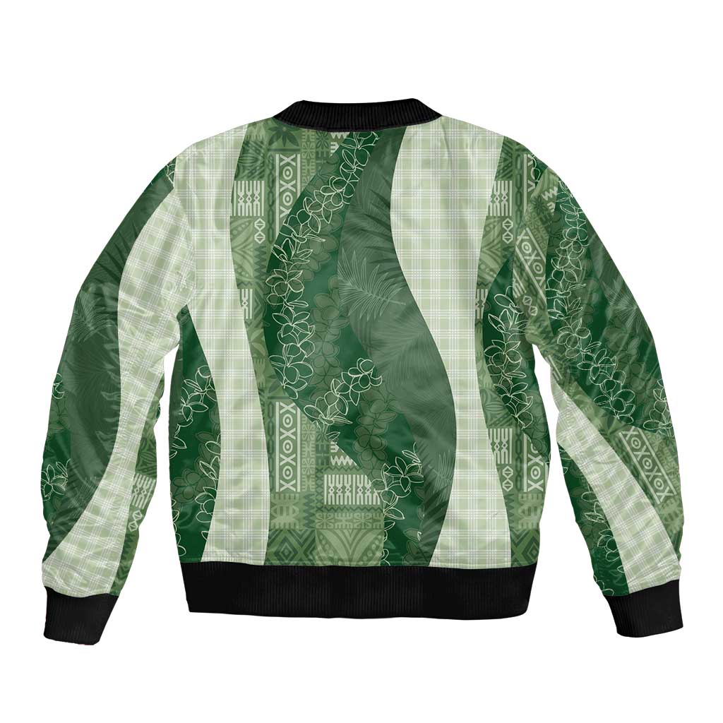 Polynesian Tribal Pattern Patchwork Picturesque Sleeve Zip Bomber Jacket Sage Green