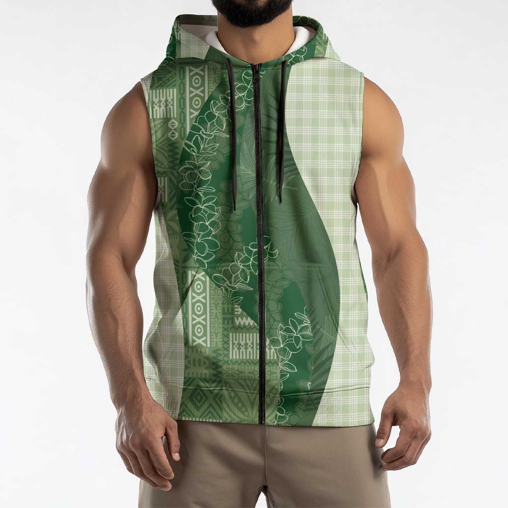 Polynesian Tribal Pattern Patchwork Picturesque Sleeveless Zip Hoodie Sage Green