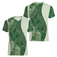 Polynesian Tribal Pattern Patchwork Picturesque Women V-Neck T-Shirt Sage Green