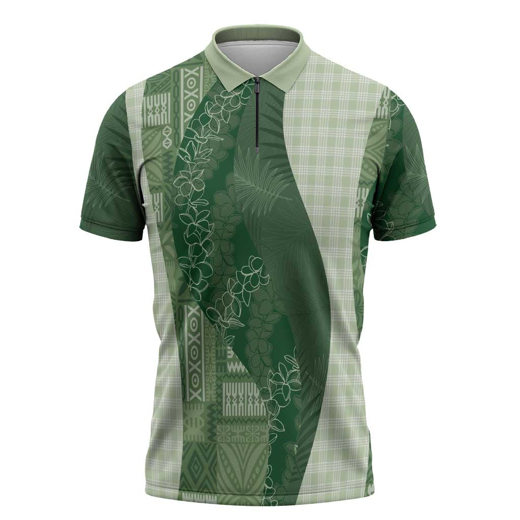 Polynesian Tribal Pattern Patchwork Picturesque Zipper Polo Shirt Sage Green