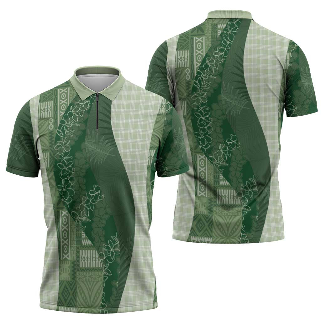 Polynesian Tribal Pattern Patchwork Picturesque Zipper Polo Shirt Sage Green