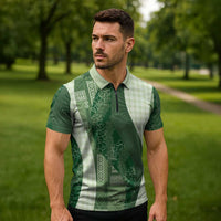 Polynesian Tribal Pattern Patchwork Picturesque Zipper Polo Shirt Sage Green