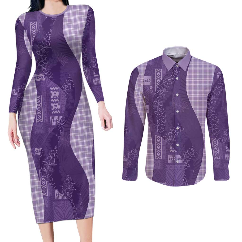 Polynesian Tribal Pattern Patchwork Picturesque Couples Matching Long Sleeve Bodycon Dress and Long Sleeve Button Shirt Deep Violet