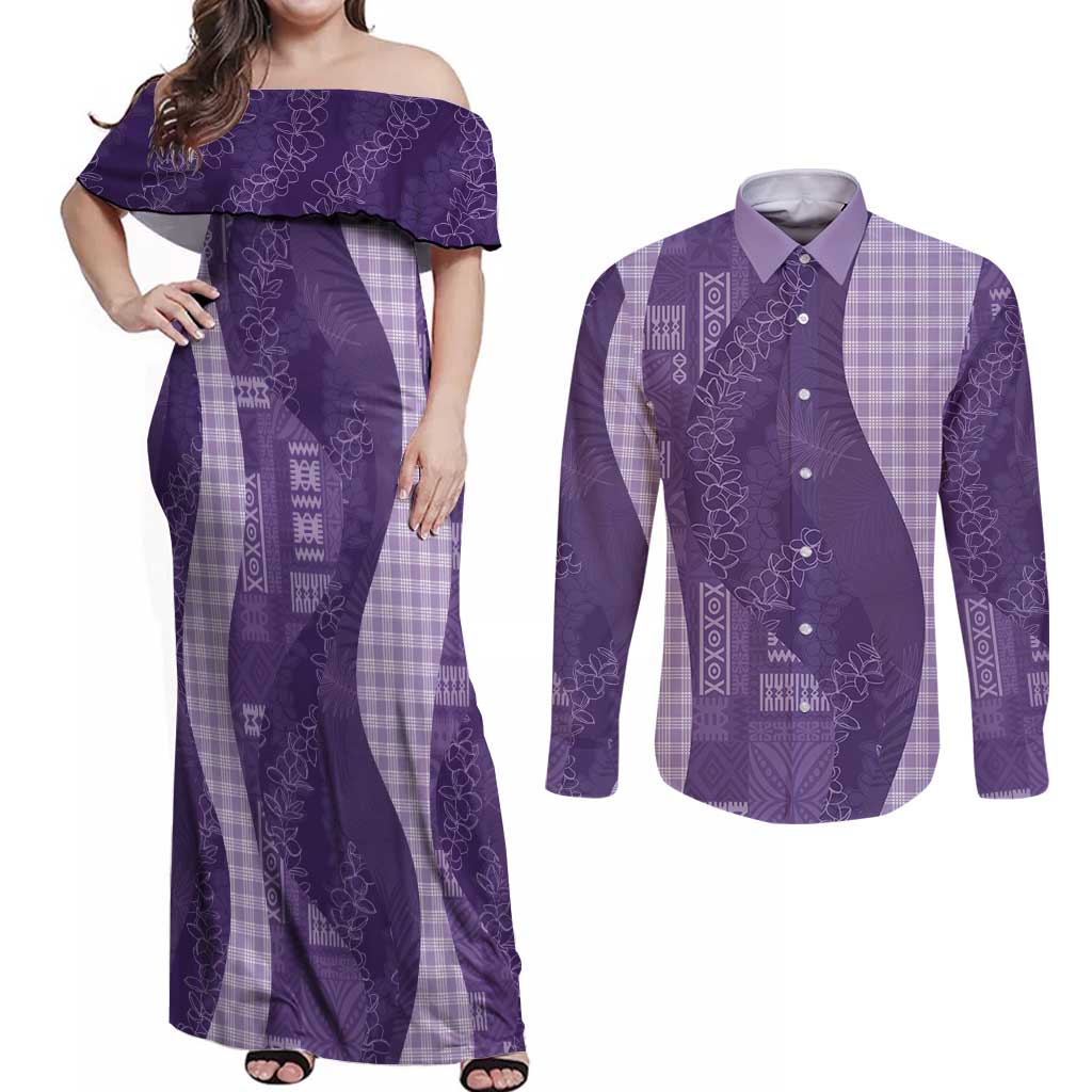 Polynesian Tribal Pattern Patchwork Picturesque Couples Matching Off Shoulder Maxi Dress and Long Sleeve Button Shirt Deep Violet