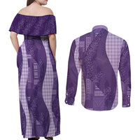 Polynesian Tribal Pattern Patchwork Picturesque Couples Matching Off Shoulder Maxi Dress and Long Sleeve Button Shirt Deep Violet
