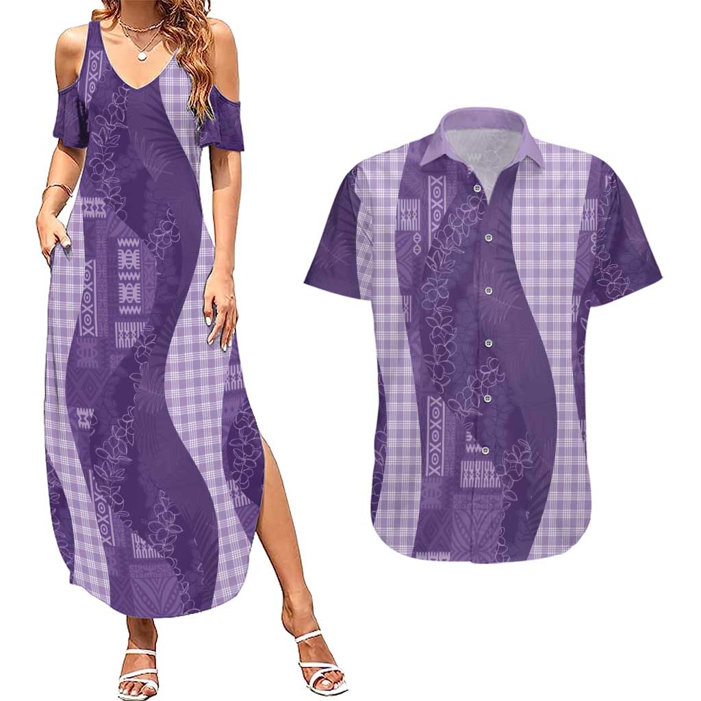 Polynesian Tribal Pattern Patchwork Picturesque Couples Matching Summer Maxi Dress and Hawaiian Shirt Deep Violet
