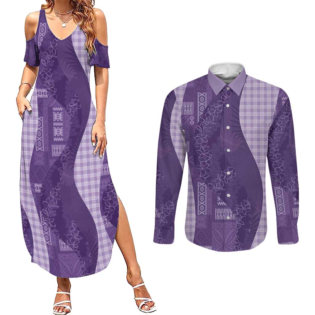 Polynesian Tribal Pattern Patchwork Picturesque Couples Matching Summer Maxi Dress and Long Sleeve Button Shirt Deep Violet