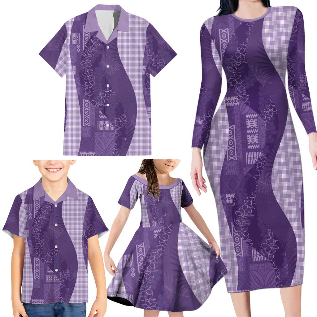 Polynesian Tribal Pattern Patchwork Picturesque Family Matching Long Sleeve Bodycon Dress and Hawaiian Shirt Deep Violet