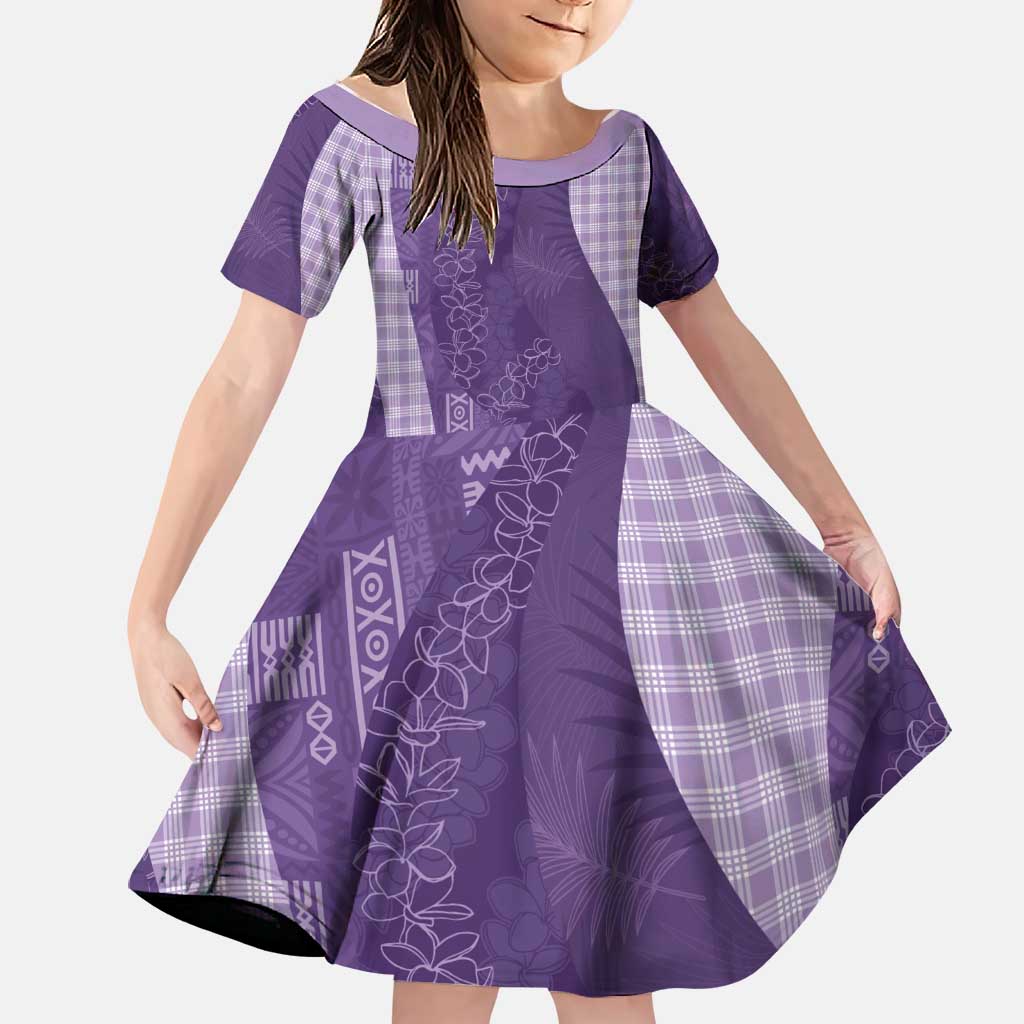 Polynesian Tribal Pattern Patchwork Picturesque Family Matching Off The Shoulder Long Sleeve Dress and Hawaiian Shirt Deep Violet LT7 Daughter's Dress Violet - Polynesian Pride