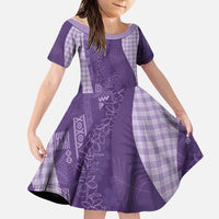 Polynesian Tribal Pattern Patchwork Picturesque Family Matching Off The Shoulder Long Sleeve Dress and Hawaiian Shirt Deep Violet LT7 Daughter's Dress Violet - Polynesian Pride