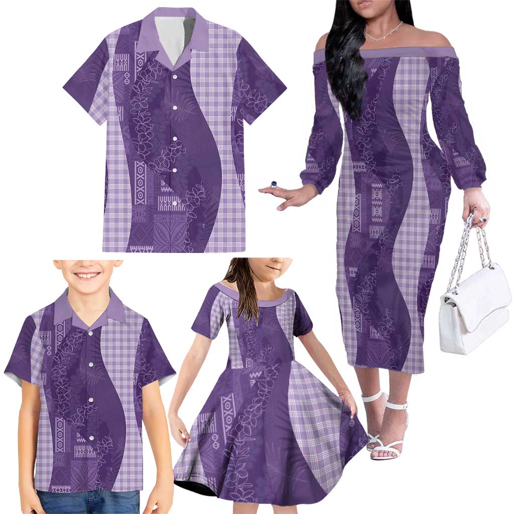 Polynesian Tribal Pattern Patchwork Picturesque Family Matching Off The Shoulder Long Sleeve Dress and Hawaiian Shirt Deep Violet LT7 - Polynesian Pride