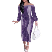 Polynesian Tribal Pattern Patchwork Picturesque Family Matching Off The Shoulder Long Sleeve Dress and Hawaiian Shirt Deep Violet LT7 Mom's Dress Violet - Polynesian Pride