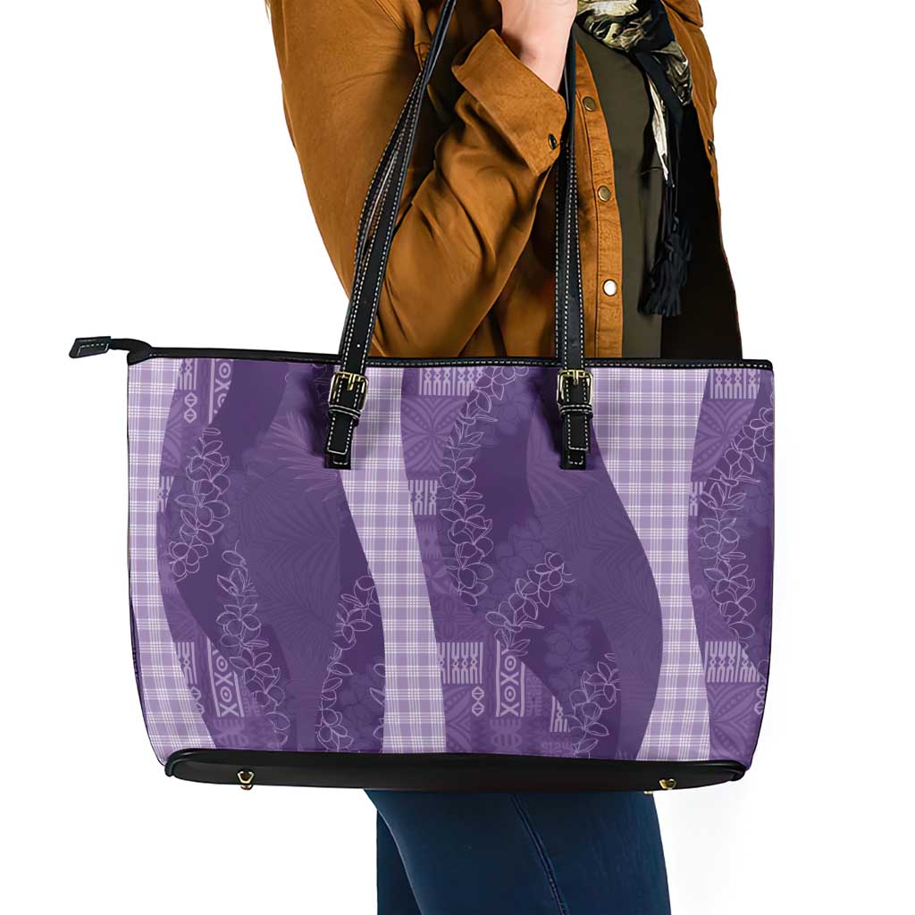 Polynesian Tribal Pattern Patchwork Picturesque Leather Tote Bag Deep Violet