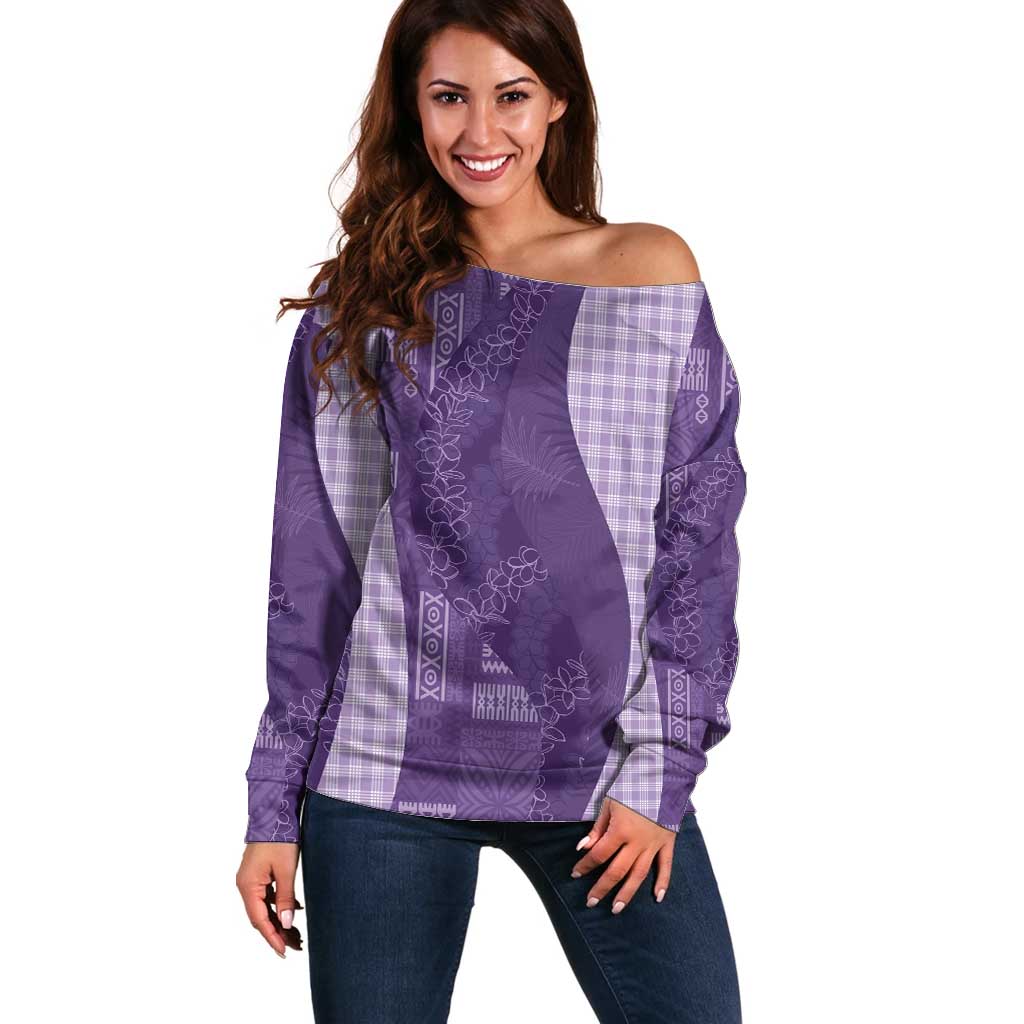 Polynesian Tribal Pattern Patchwork Picturesque Off Shoulder Sweater Deep Violet