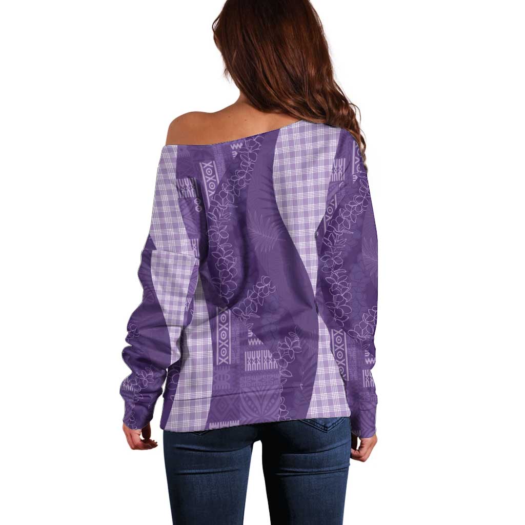 Polynesian Tribal Pattern Patchwork Picturesque Off Shoulder Sweater Deep Violet