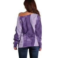 Polynesian Tribal Pattern Patchwork Picturesque Off Shoulder Sweater Deep Violet