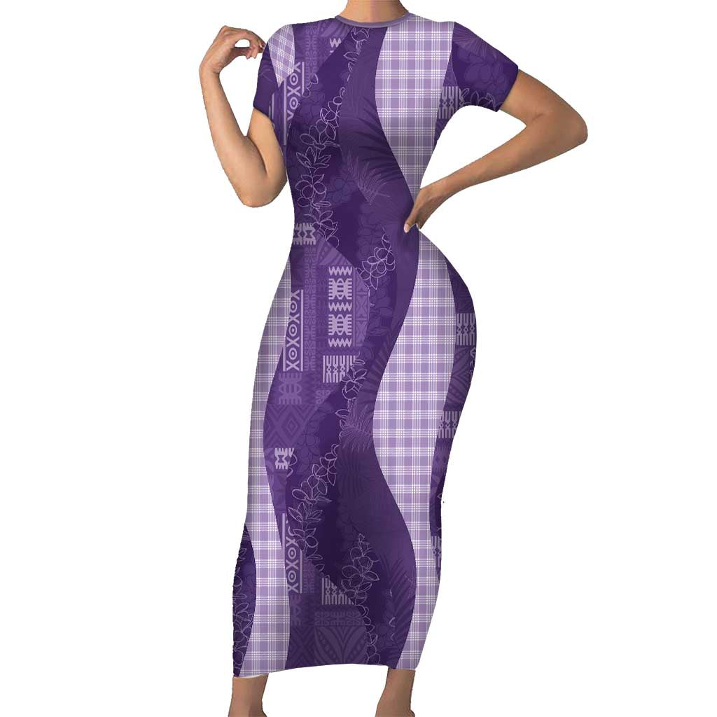 Polynesian Tribal Pattern Patchwork Picturesque Short Sleeve Bodycon Dress Deep Violet