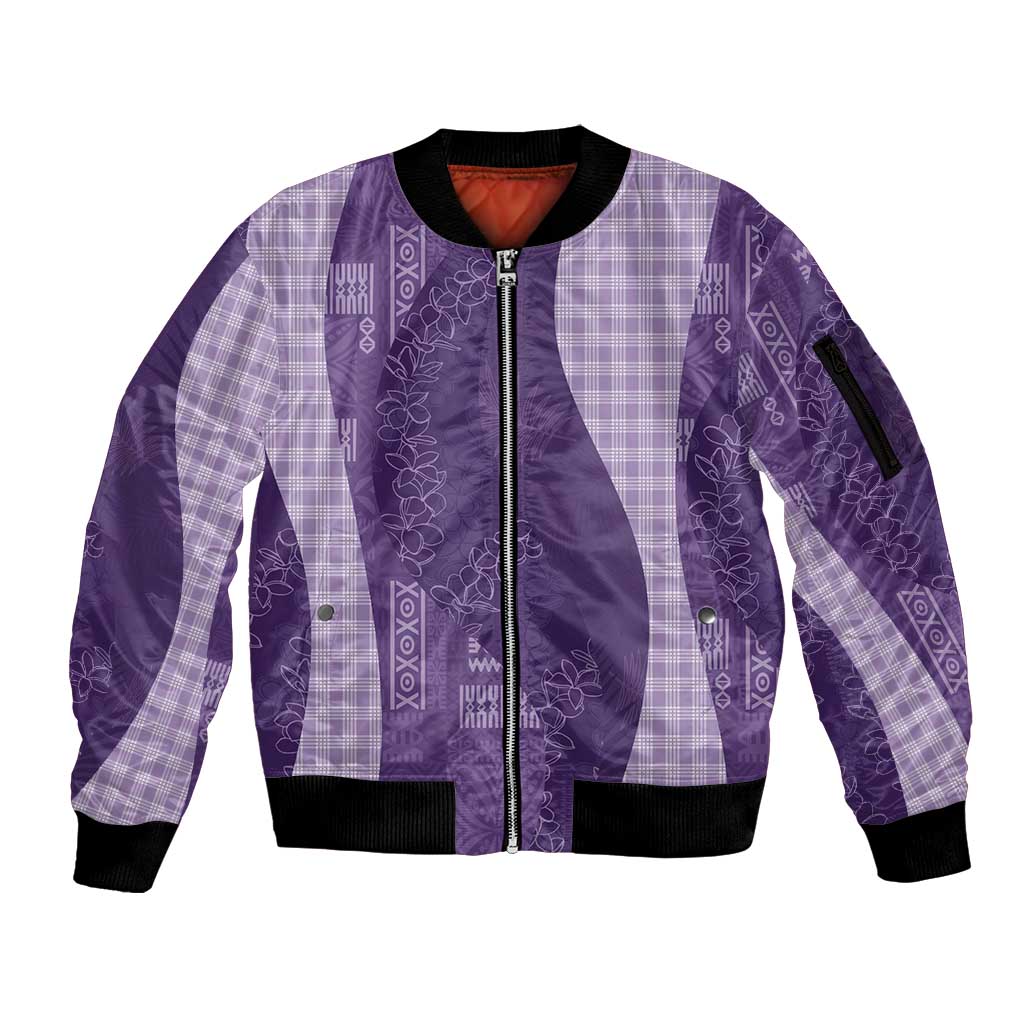 Polynesian Tribal Pattern Patchwork Picturesque Sleeve Zip Bomber Jacket Deep Violet
