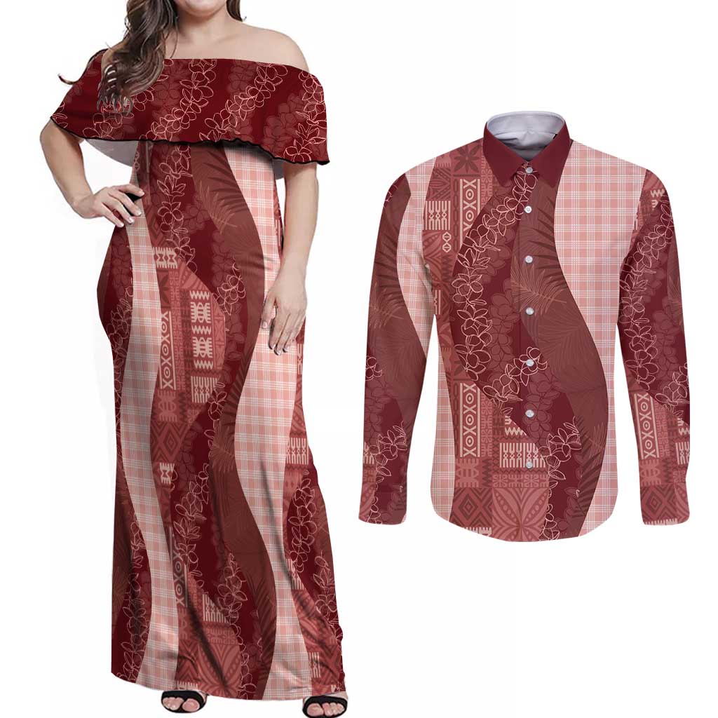 Polynesian Tribal Pattern Patchwork Picturesque Couples Matching Off Shoulder Maxi Dress and Long Sleeve Button Shirt Crimson
