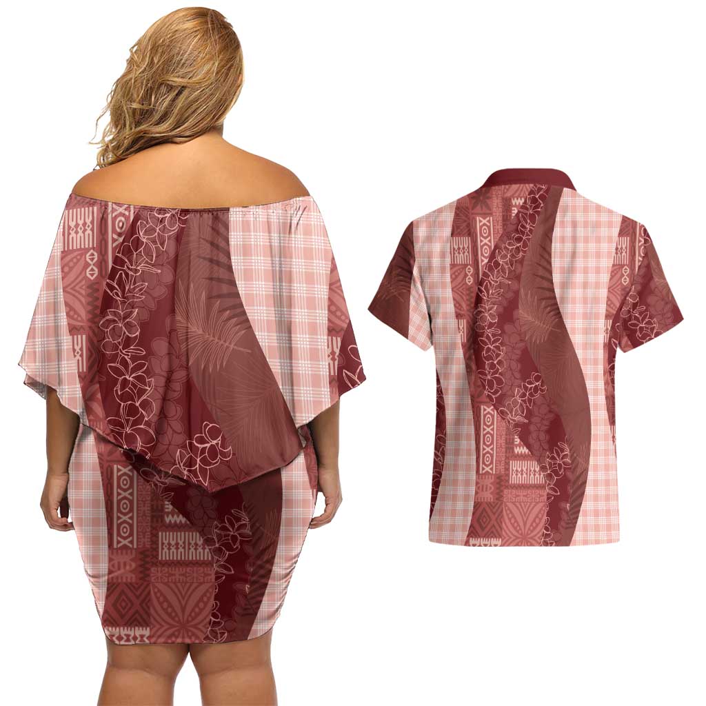 Polynesian Tribal Pattern Patchwork Picturesque Couples Matching Off Shoulder Short Dress and Hawaiian Shirt Crimson