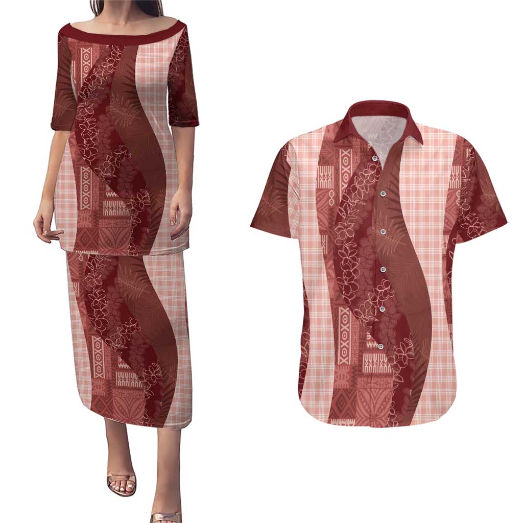 Polynesian Tribal Pattern Patchwork Picturesque Couples Matching Puletasi and Hawaiian Shirt Crimson