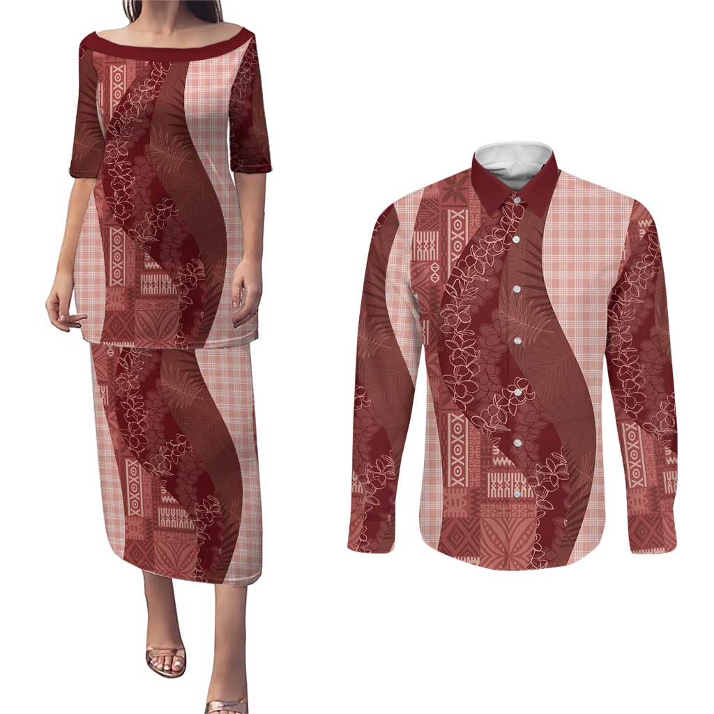 Polynesian Tribal Pattern Patchwork Picturesque Couples Matching Puletasi and Long Sleeve Button Shirt Crimson