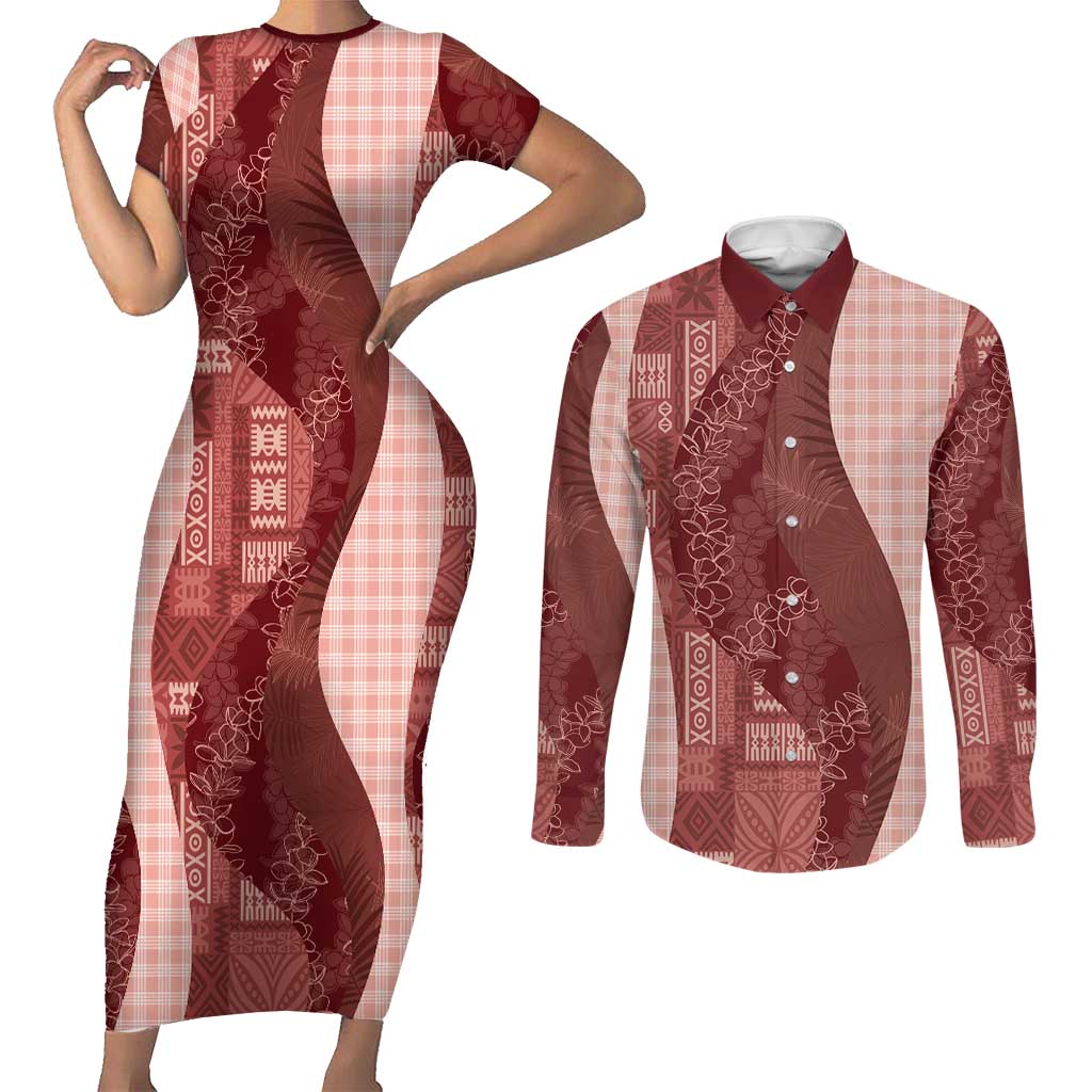 Polynesian Tribal Pattern Patchwork Picturesque Couples Matching Short Sleeve Bodycon Dress and Long Sleeve Button Shirt Crimson