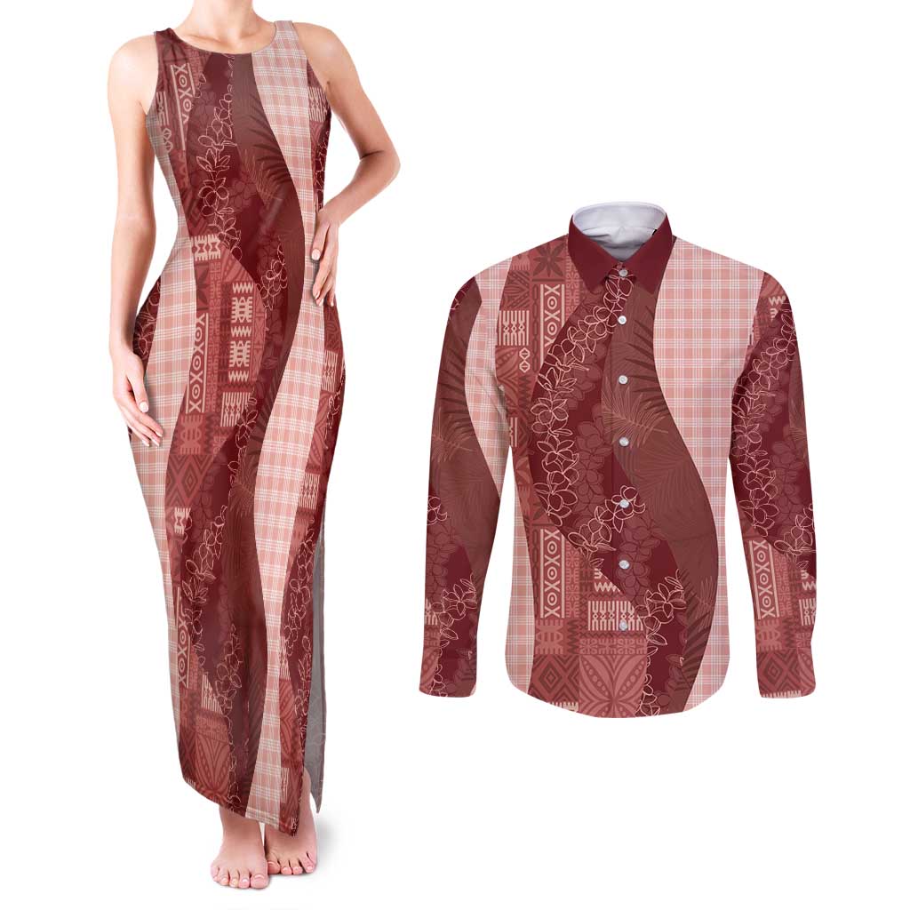Polynesian Tribal Pattern Patchwork Picturesque Couples Matching Tank Maxi Dress and Long Sleeve Button Shirt Crimson