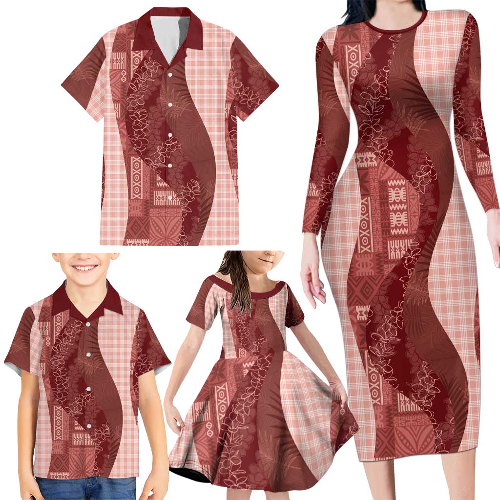 Polynesian Tribal Pattern Patchwork Picturesque Family Matching Long Sleeve Bodycon Dress and Hawaiian Shirt Crimson