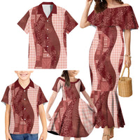 Polynesian Tribal Pattern Patchwork Picturesque Family Matching Mermaid Dress and Hawaiian Shirt Crimson LT7 - Polynesian Pride