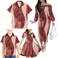 Polynesian Tribal Pattern Patchwork Picturesque Family Matching Off The Shoulder Long Sleeve Dress and Hawaiian Shirt Crimson