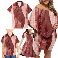 Polynesian Tribal Pattern Patchwork Picturesque Family Matching Off Shoulder Short Dress and Hawaiian Shirt Crimson
