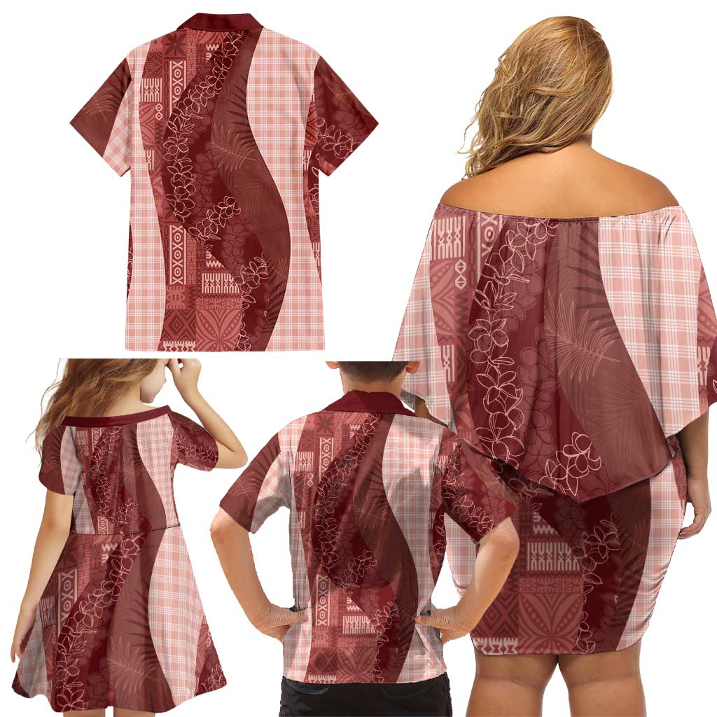 Polynesian Tribal Pattern Patchwork Picturesque Family Matching Off Shoulder Short Dress and Hawaiian Shirt Crimson