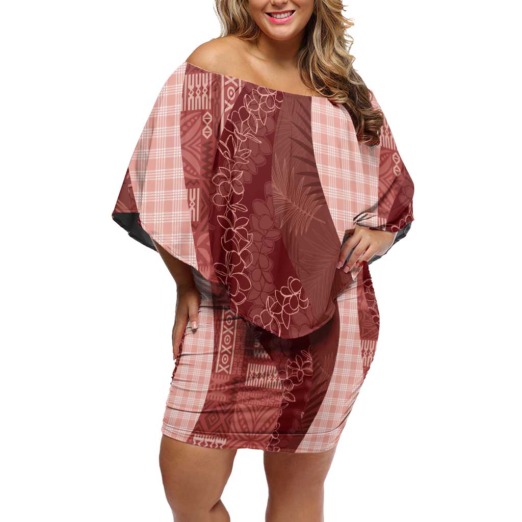 Polynesian Tribal Pattern Patchwork Picturesque Family Matching Off Shoulder Short Dress and Hawaiian Shirt Crimson