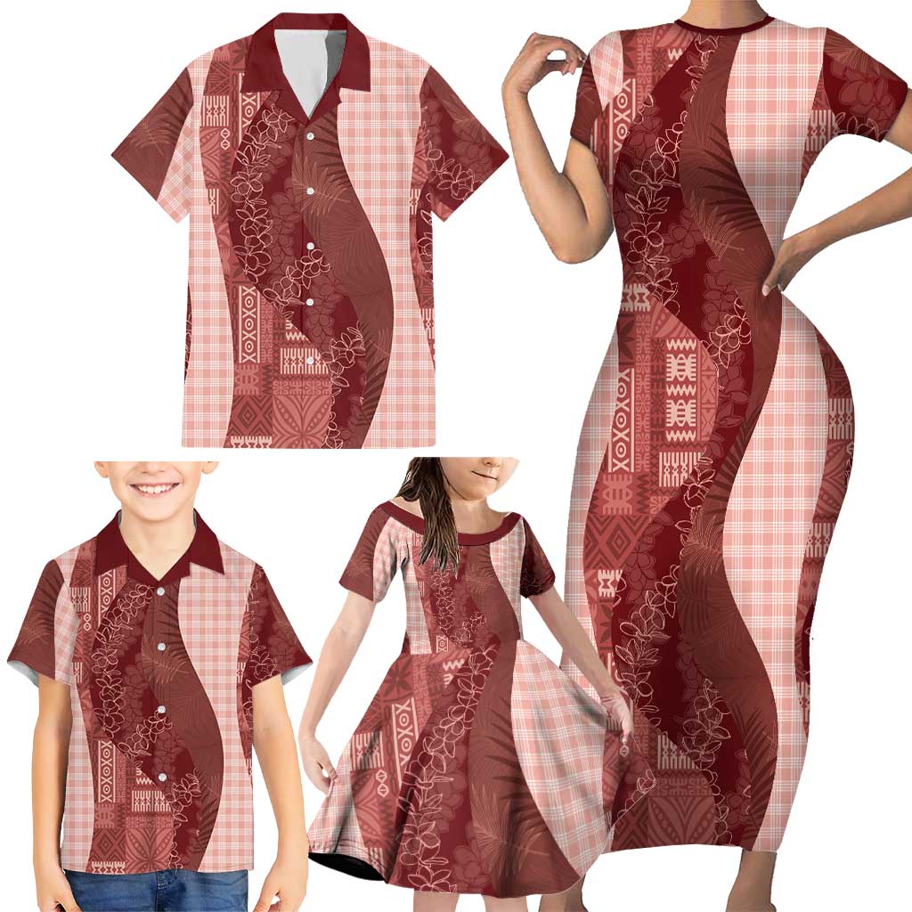 Polynesian Tribal Pattern Patchwork Picturesque Family Matching Short Sleeve Bodycon Dress and Hawaiian Shirt Crimson