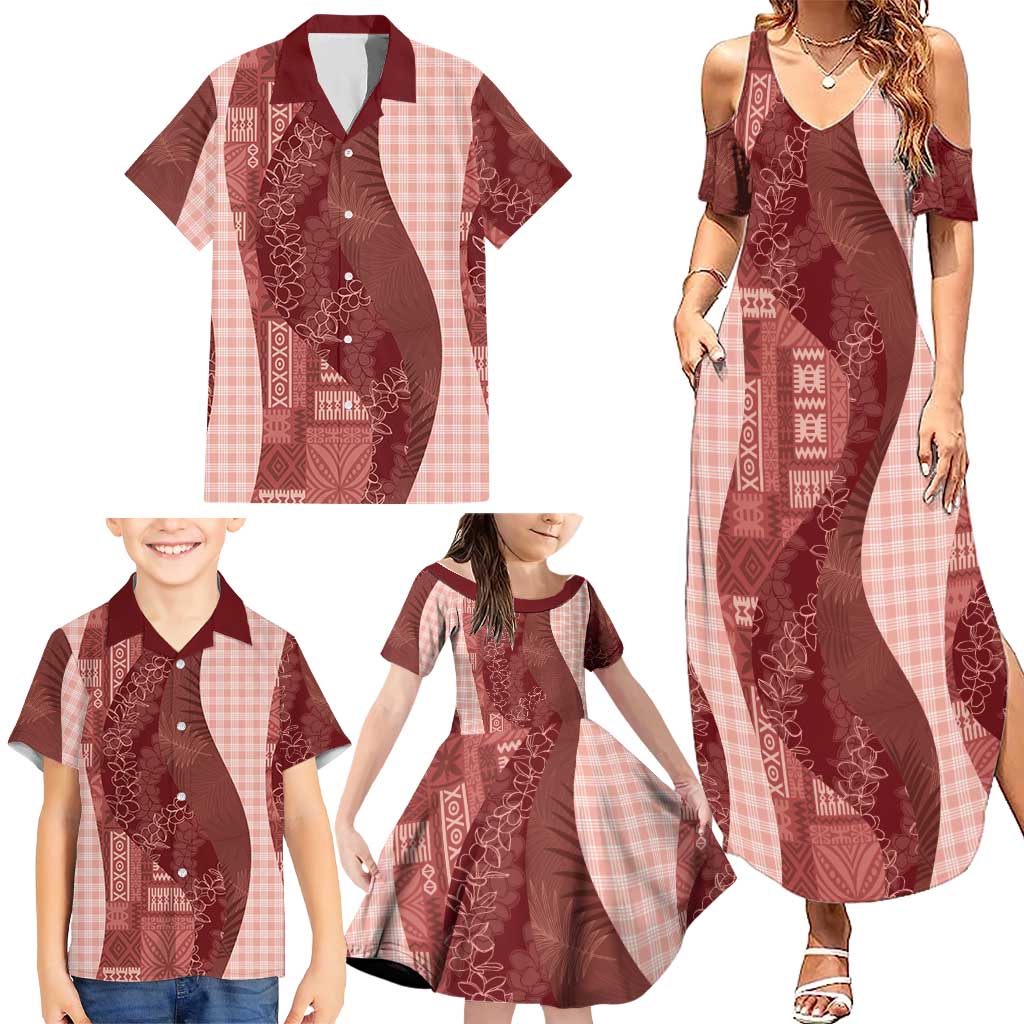 Polynesian Tribal Pattern Patchwork Picturesque Family Matching Summer Maxi Dress and Hawaiian Shirt Crimson