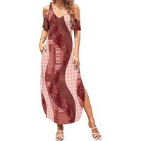 Polynesian Tribal Pattern Patchwork Picturesque Family Matching Summer Maxi Dress and Hawaiian Shirt Crimson