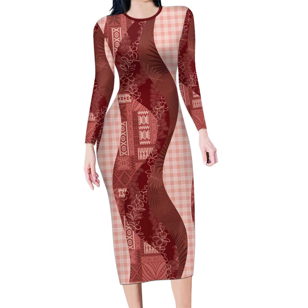 Polynesian Tribal Pattern Patchwork Picturesque Long Sleeve Bodycon Dress Crimson