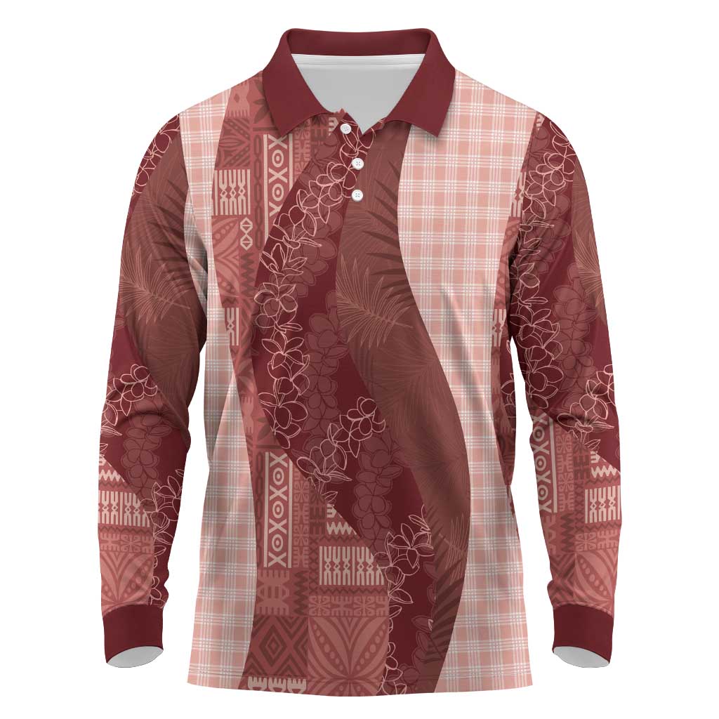 Polynesian Tribal Pattern Patchwork Picturesque Long Sleeve Polo Shirt Crimson