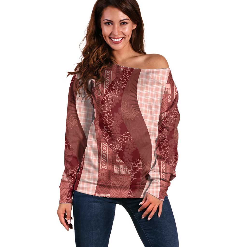 Polynesian Tribal Pattern Patchwork Picturesque Off Shoulder Sweater Crimson