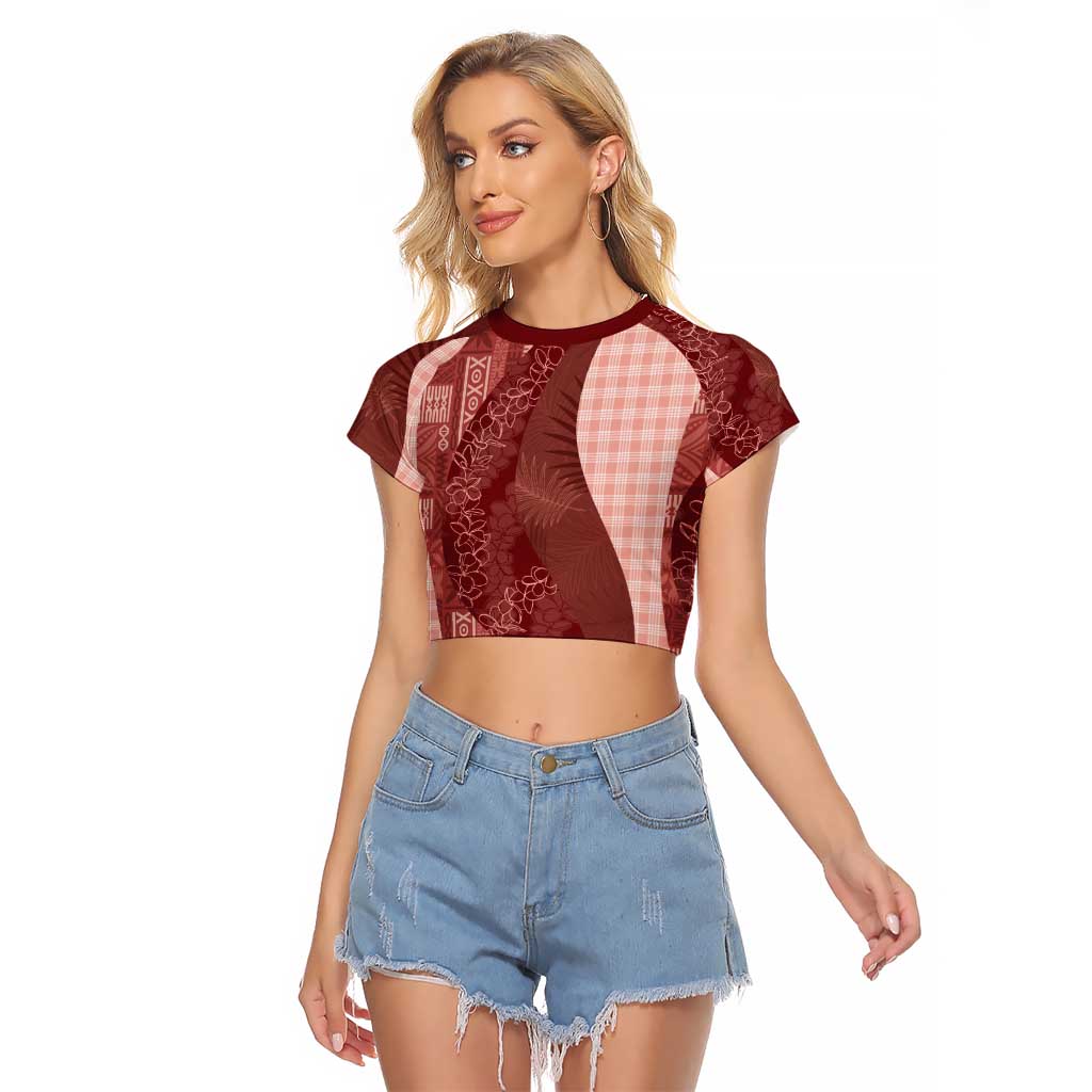 Polynesian Tribal Pattern Patchwork Picturesque Raglan Cropped T Shirt Crimson