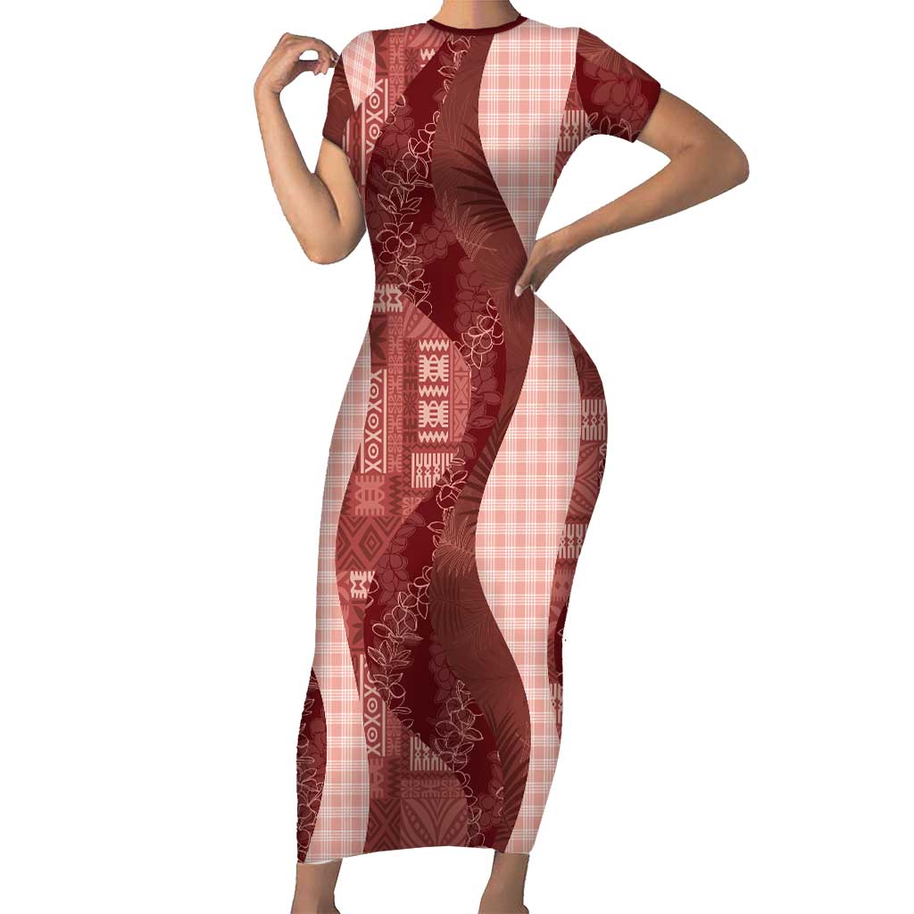 Polynesian Tribal Pattern Patchwork Picturesque Short Sleeve Bodycon Dress Crimson