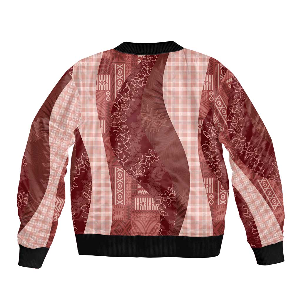 Polynesian Tribal Pattern Patchwork Picturesque Sleeve Zip Bomber Jacket Crimson