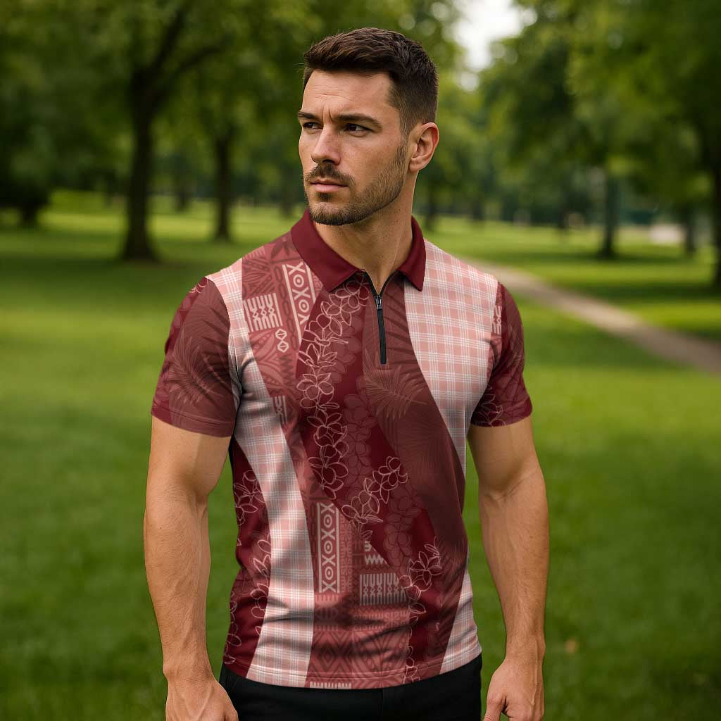 Polynesian Tribal Pattern Patchwork Picturesque Zipper Polo Shirt Crimson LT7 - Polynesian Pride