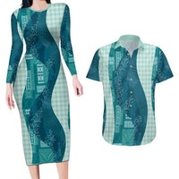 Polynesian Tribal Pattern Patchwork Picturesque Couples Matching Long Sleeve Bodycon Dress and Hawaiian Shirt Oceanic