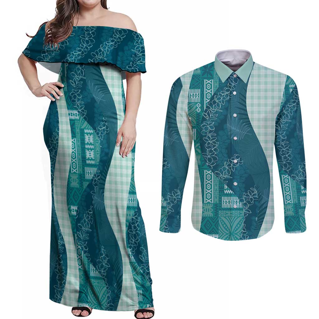 Polynesian Tribal Pattern Patchwork Picturesque Couples Matching Off Shoulder Maxi Dress and Long Sleeve Button Shirt Oceanic