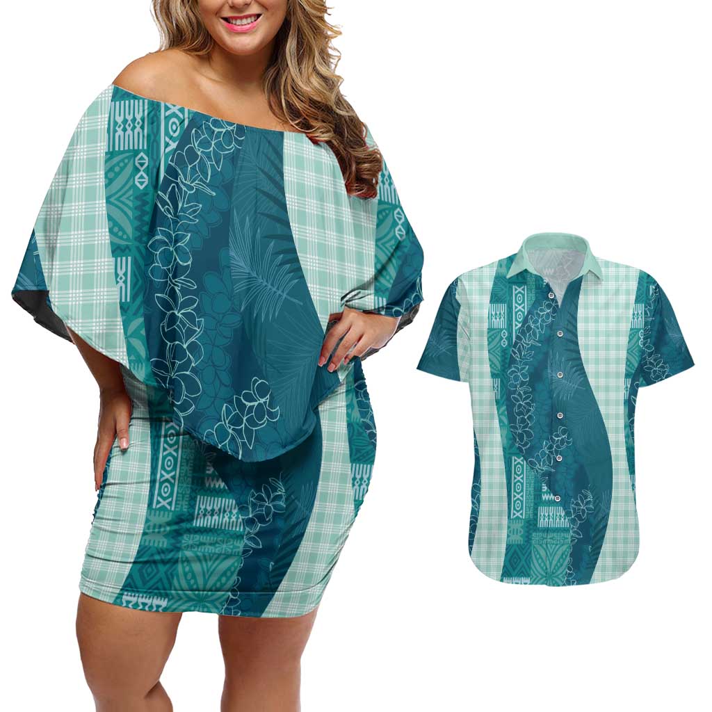 Polynesian Tribal Pattern Patchwork Picturesque Couples Matching Off Shoulder Short Dress and Hawaiian Shirt Oceanic
